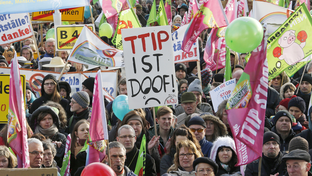German farmers and consumer rights activists hold banners and flags as they protest against the Transatlantic Trade and Investment Partnership (TTIP), mass husbandry and genetic engineering during a demonstration in Berlin, January 17, 2015. The banner in the center reads "TTIP is dumb." REUTERS/Fabrizio Bensch (GERMANY - Tags: AGRICULTURE CIVIL UNREST POLITICS BUSINESS) - RTR4LSGA